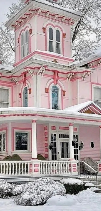 Victorian pink house in snowy landscape, elegant winter wallpaper.