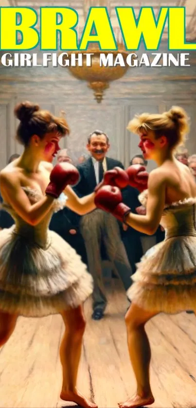 Two women boxing in Victorian attire artwork.