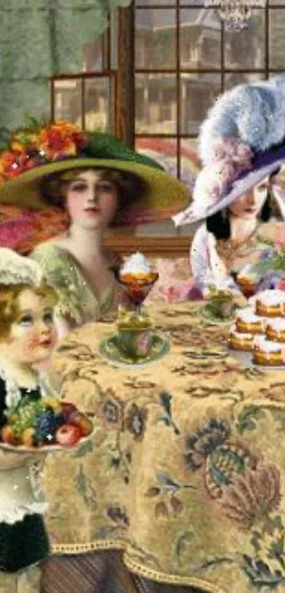 Victorian tea party with elegant hats and ornate decor.