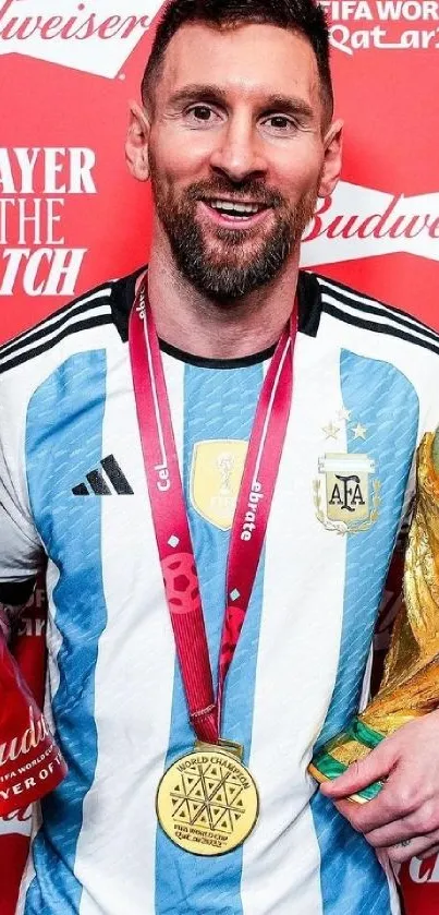 Football player with trophies in vibrant red backdrop.