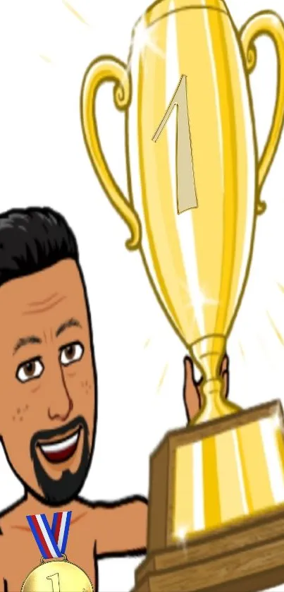 Cartoon character holding a golden trophy.