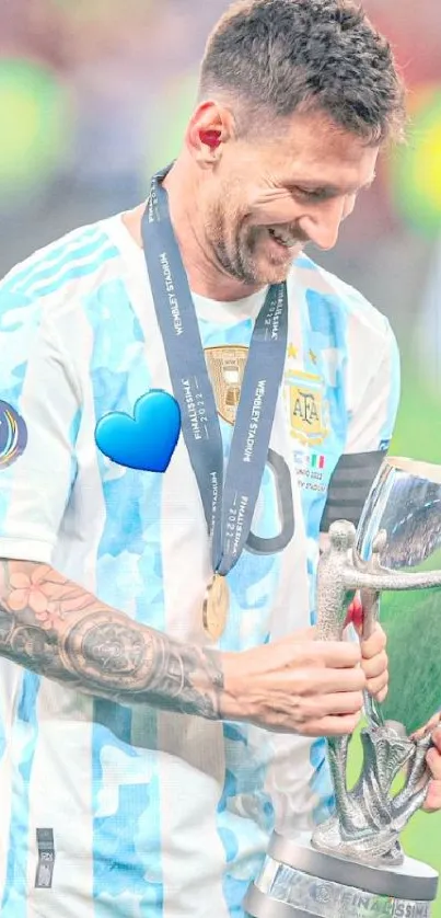 Athlete holding trophy with a joyful expression.