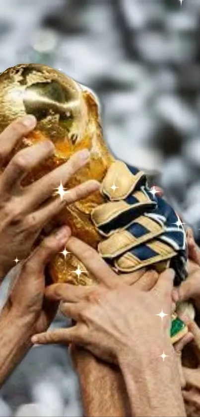 Wallpaper of hands holding a golden trophy in victory.