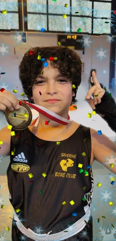 Boxer holding a medal amidst a confetti backdrop.