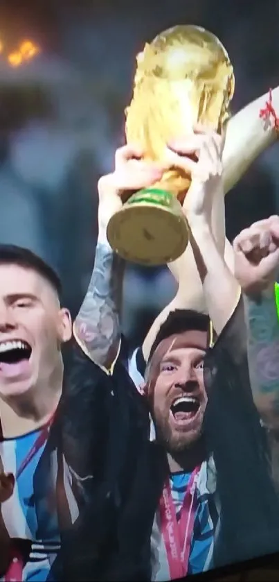 Celebration with a trophy, joyous and victorious moment.