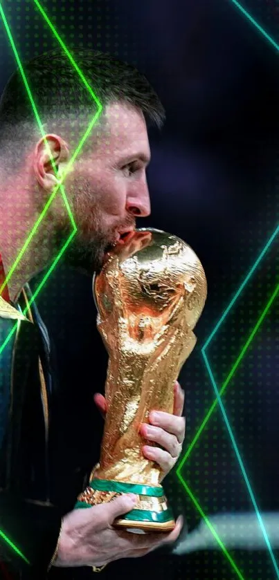 Soccer star kissing a golden trophy with neon green lights.