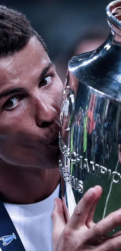 Footballer celebrating victory with trophy kiss.