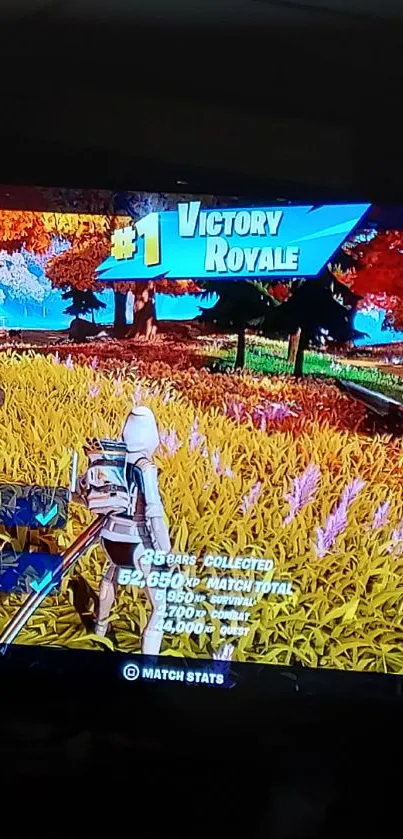 Colorful autumn game scene with Victory Royale on screen.