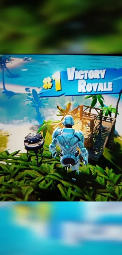 Victory Royale tropical beach scene wallpaper with vibrant green hues.