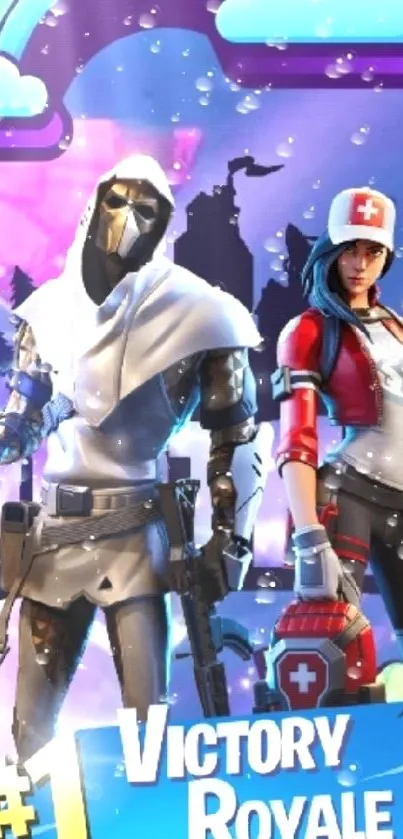 Fortnite characters celebrate Victory Royale with colorful background.