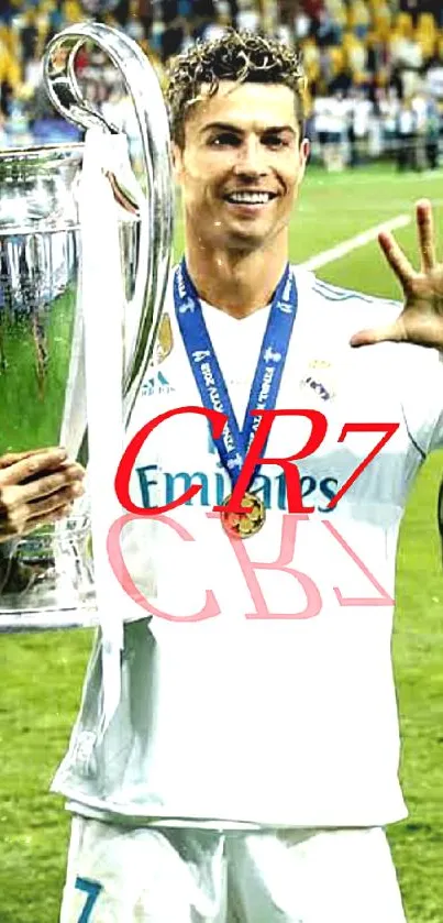 Soccer champion holding trophy in vibrant mobile wallpaper.