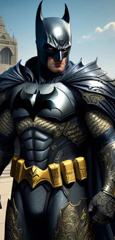 Vigilante knight in dark blue armor with Gothic background.