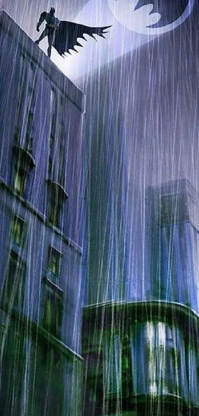 Lone hero on rooftop in rain under city night sky.