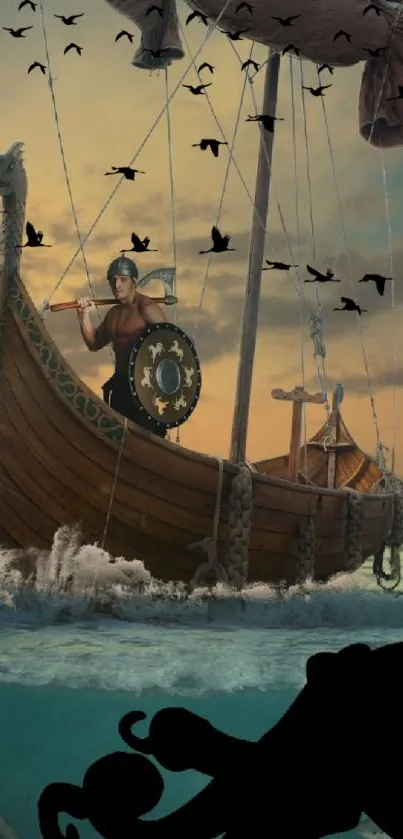 Viking ship sailing with sea, birds, and ocean waves.