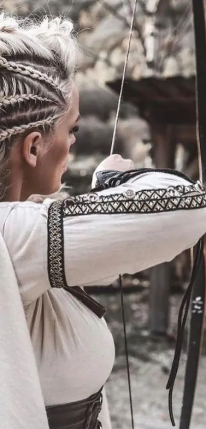 Viking archer with braided hair in rustic setting.