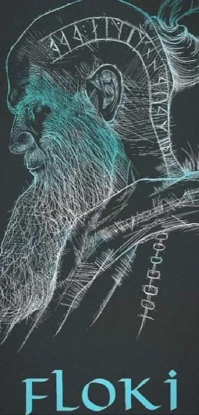 Illustrated Viking warrior with runes in blue hues on dark background.