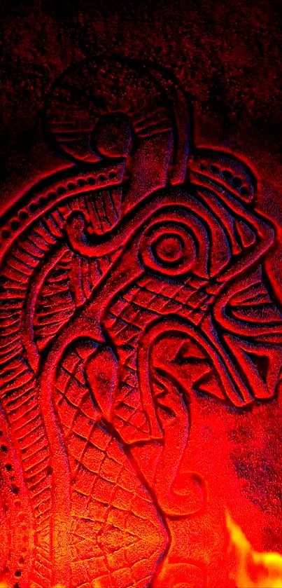 Viking dragon art with vibrant red hues.