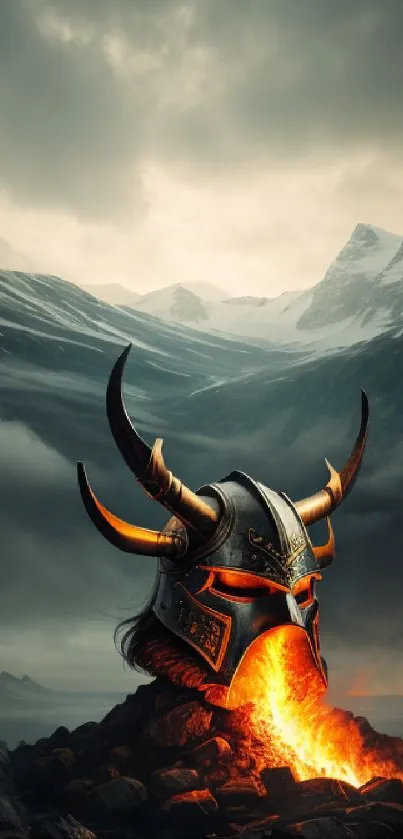 Viking helmet on fiery mountainous backdrop, evoking epic adventure.