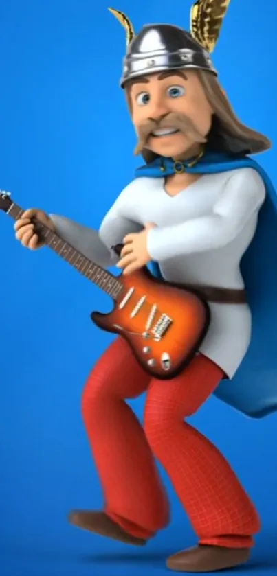 Cartoon Viking playing guitar with blue background.