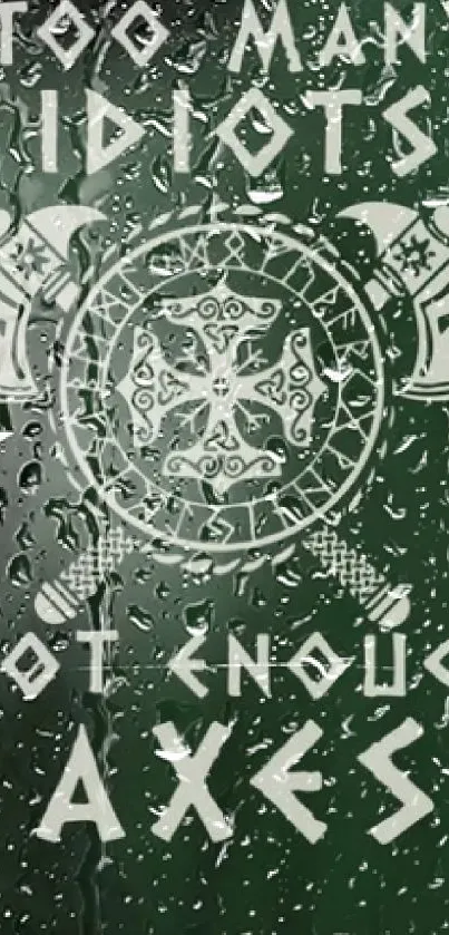 Dark green wallpaper with Viking shield and axes design.