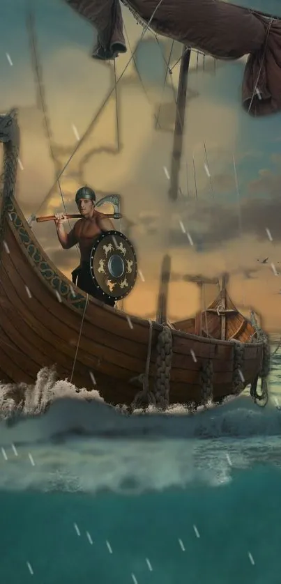 Viking warrior sailing stormy seas on traditional ship.