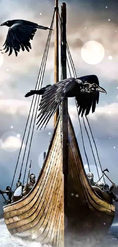 Viking ship with crows flying overhead, set on a misty sea.