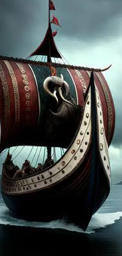 Viking ship sailing through a dark, misty ocean, perfect for mobile wallpaper.