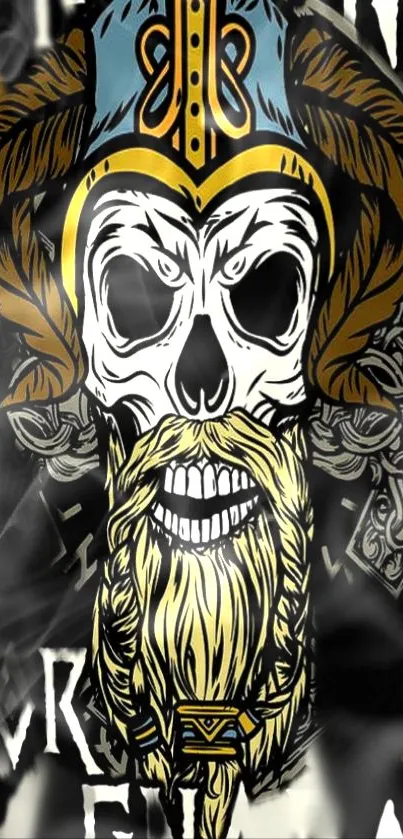 Viking-themed skull design with Norse details in vibrant colors.