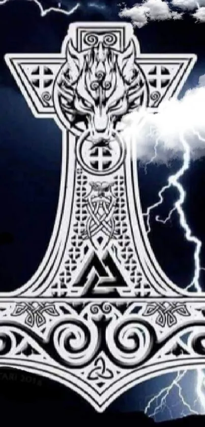 Viking Mjolnir amidst thunderstorm with lightning in dark blue tones.