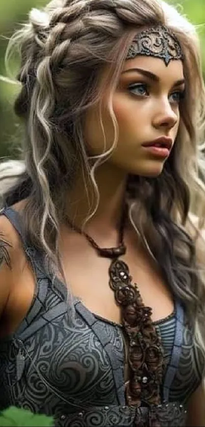 Aesthetic Viking warrior woman in nature, with intricate braid and tattoo art.