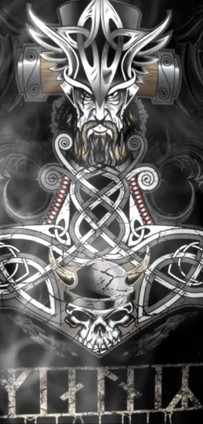 Viking warrior art with intricate Norse design and helmeted figure.