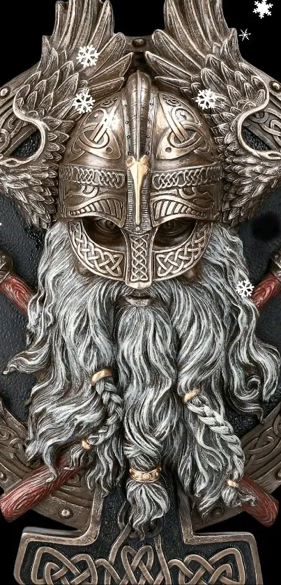 Viking warrior with ornate helmet against black background.