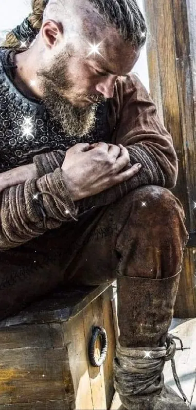 Viking warrior sitting in deep contemplation on a wooden bench.