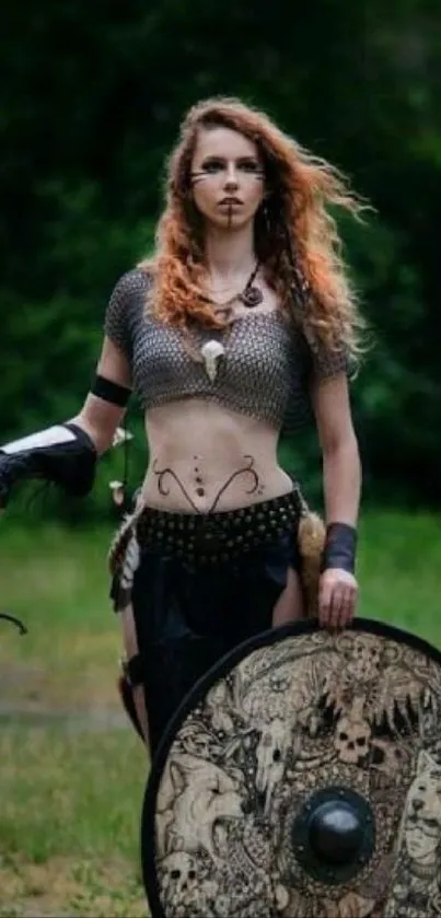 Fierce female Viking warrior with shield in forest.