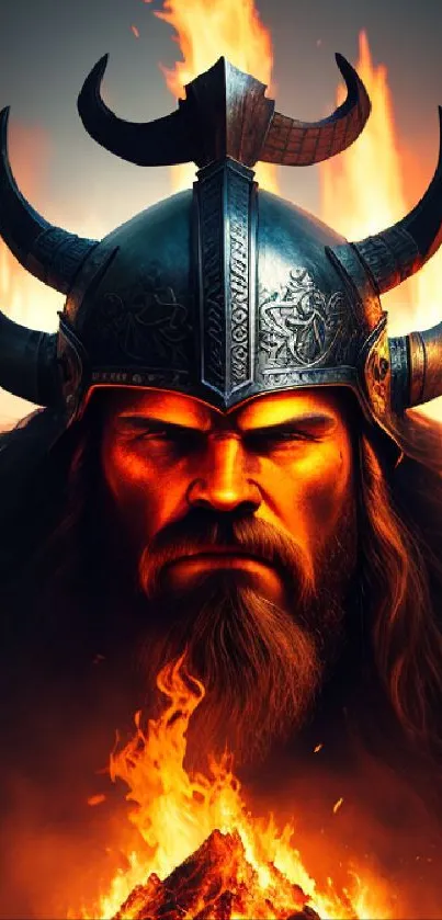 Viking warrior with fiery flames background, showcasing epic strength and mythology.