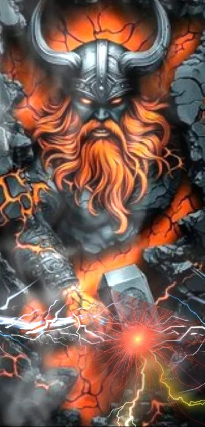 Viking warrior with lightning effect breaking through wall.