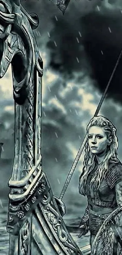 Viking warrior on a dragon ship in a moody gray ambiance.