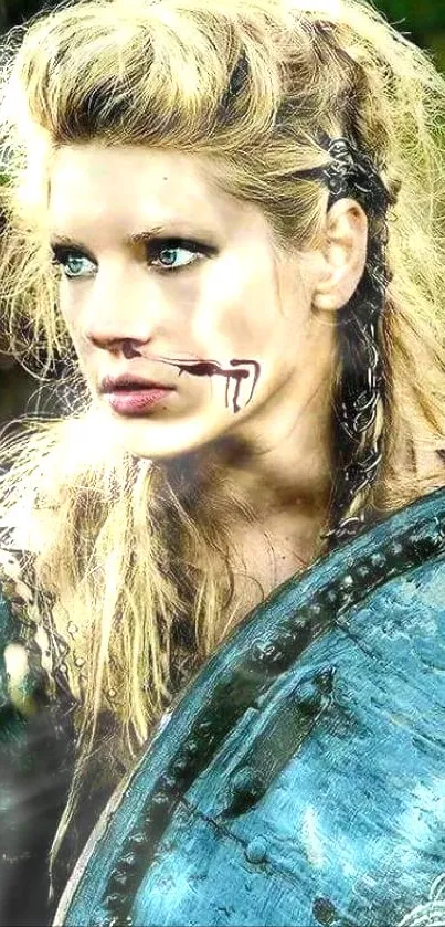 Viking warrior woman with shield and braided hair.