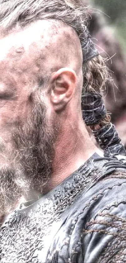 Viking warrior with braided hair and intense expression.