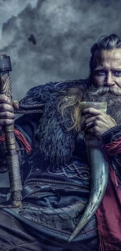 Viking warrior holding an axe and drinking horn.