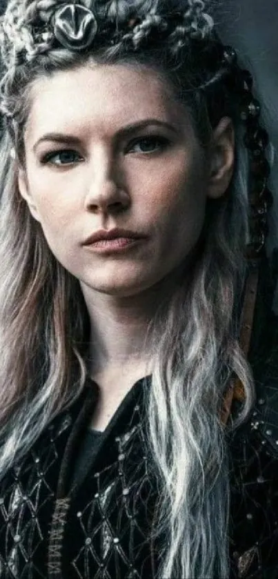 Viking warrior in dark gray attire with braided hair in mobile wallpaper.