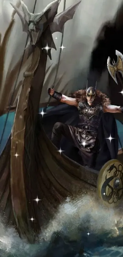 Viking warrior braves stormy seas on a ship, armed with an axe.