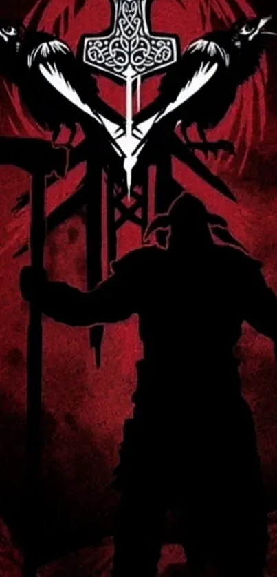 Viking warrior silhouette with red backdrop.