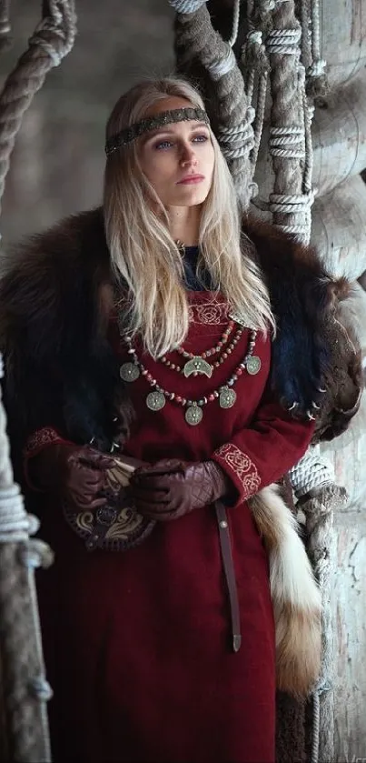 Viking warrior woman in traditional attire with rustic background.