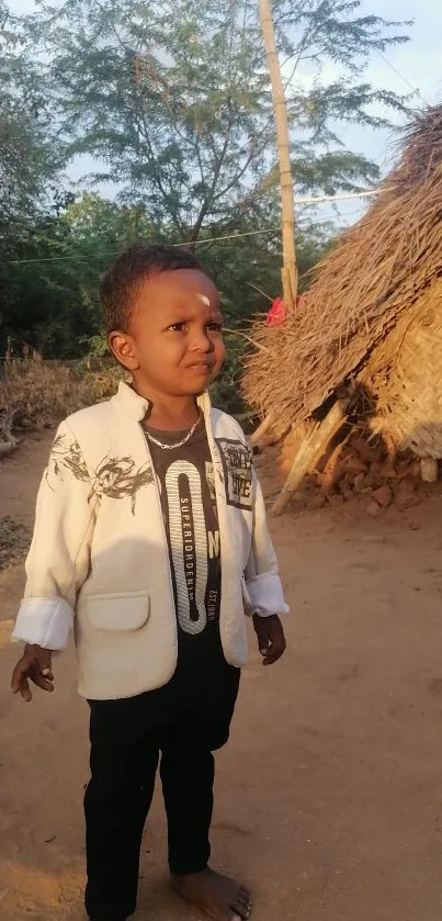 Child in traditional attire by a rustic hut during sunset.