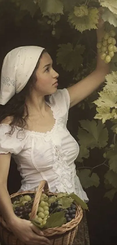 Woman harvesting grapes in a serene vineyard setting.