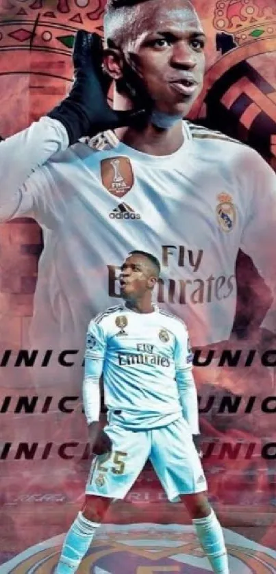 Vinicius Jr. with Real Madrid emblem in vibrant wallpaper.