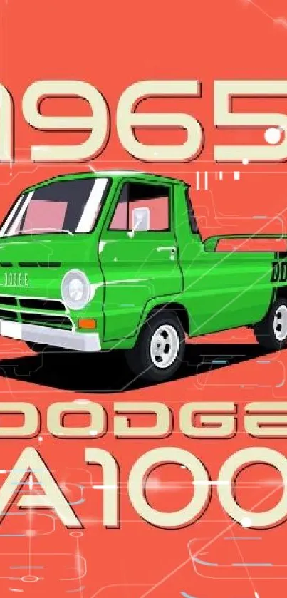 Bright green 1965 Dodge A100 on orange background art.