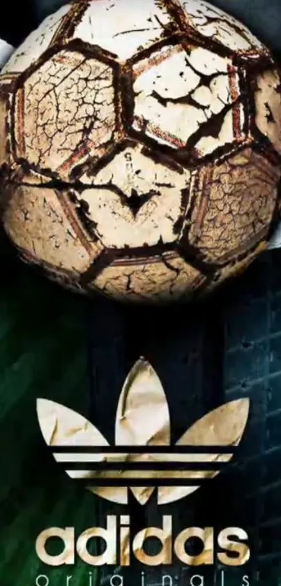 Cracked vintage soccer ball with Adidas logo on textured background.