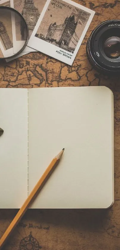 Vintage-themed wallpaper with a camera, map, and journal on a desk.
